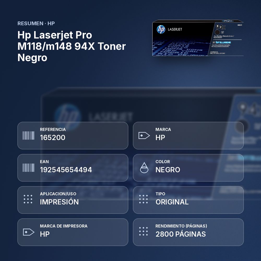 HP LASERJET PRO M118/M148 94X TONER NEGRO - resumen de atributos