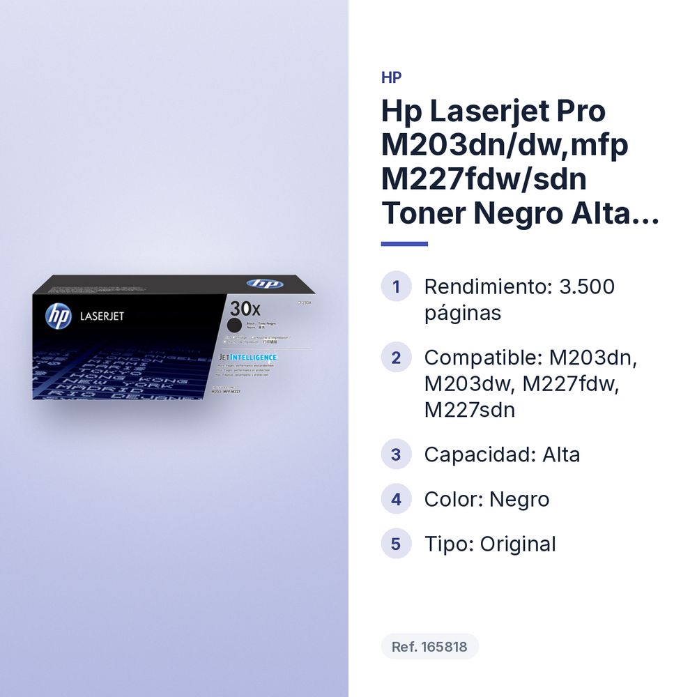HP LASERJET PRO M203DN/DW,MFP M227FDW/SDN TONER NEGRO ALTA Nº30X - características principales