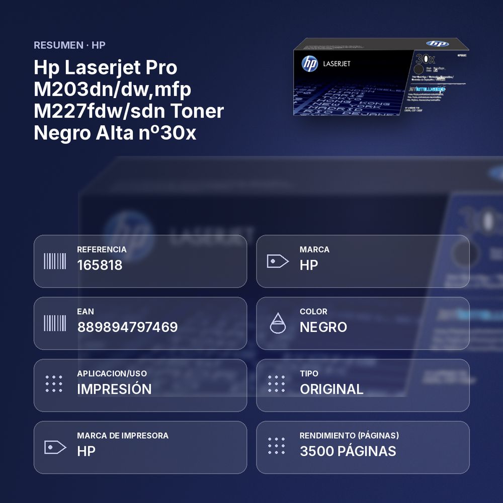 HP LASERJET PRO M203DN/DW,MFP M227FDW/SDN TONER NEGRO ALTA Nº30X - resumen de atributos