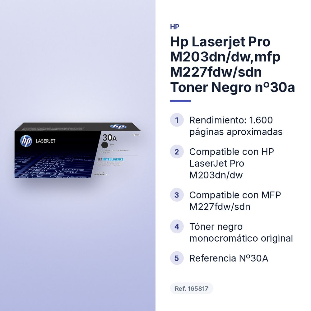 HP LASERJET PRO M203DN/DW,MFP M227FDW/SDN TONER NEGRO Nº30A - características principales