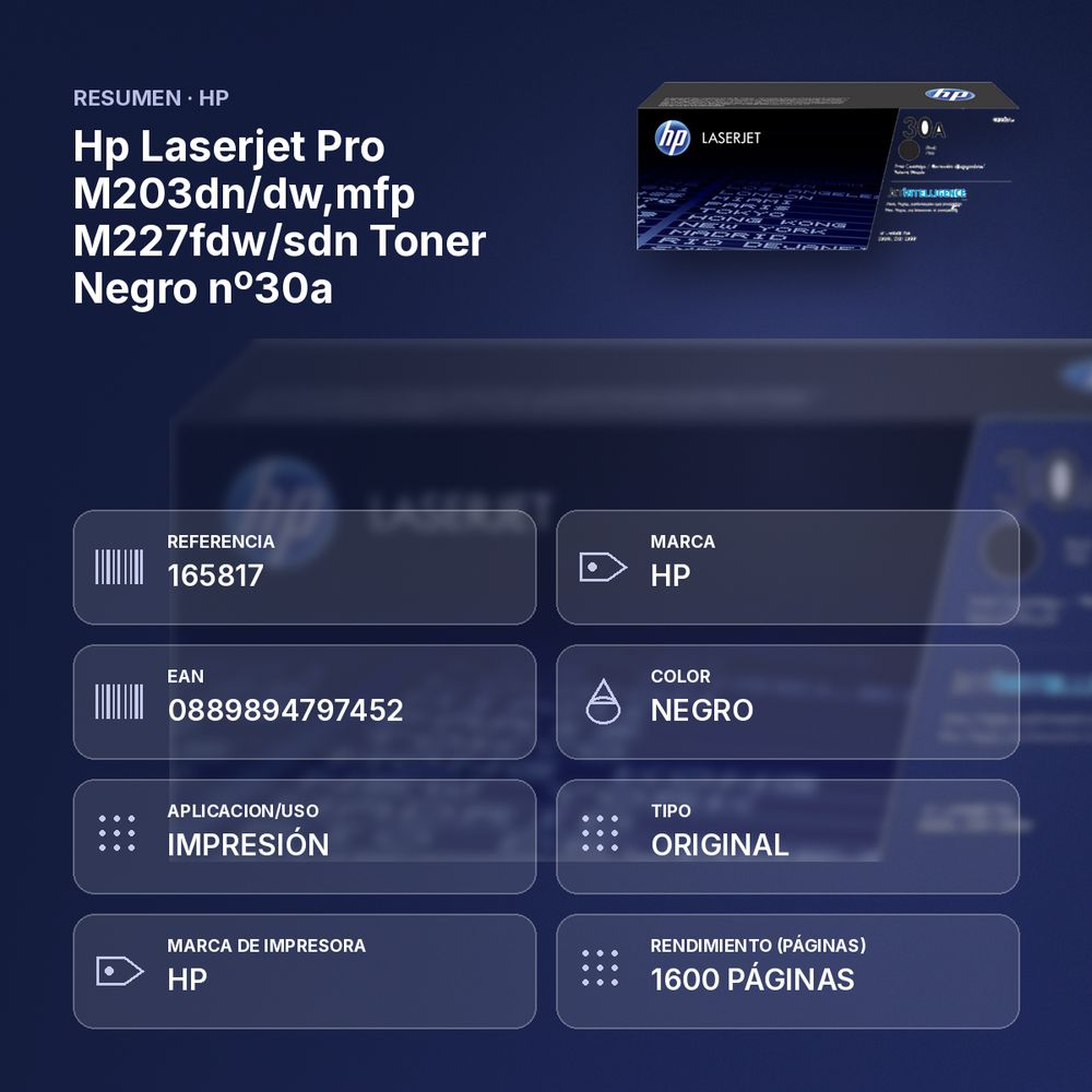 HP LASERJET PRO M203DN/DW,MFP M227FDW/SDN TONER NEGRO Nº30A - resumen de atributos