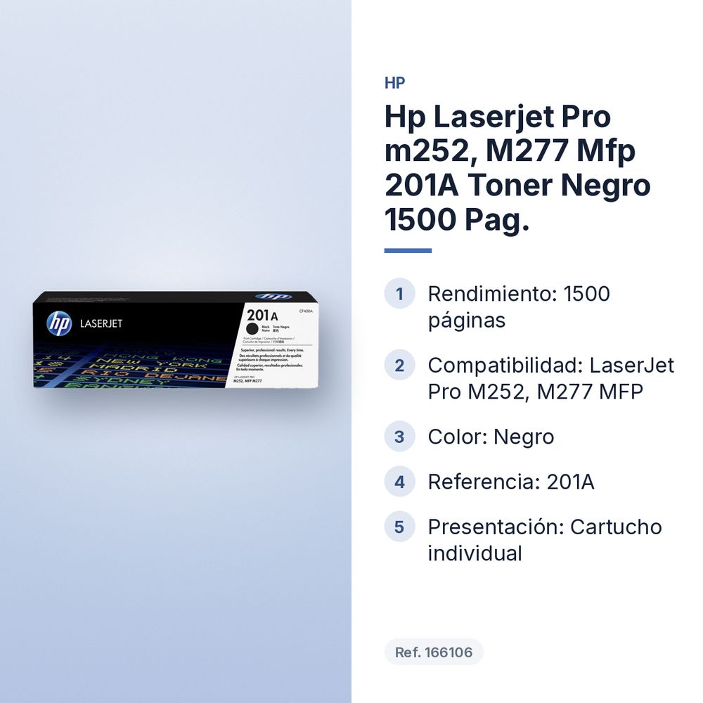 HP LASERJET PRO M252, M277 MFP 201A TONER NEGRO  1500 PAG. - características principales