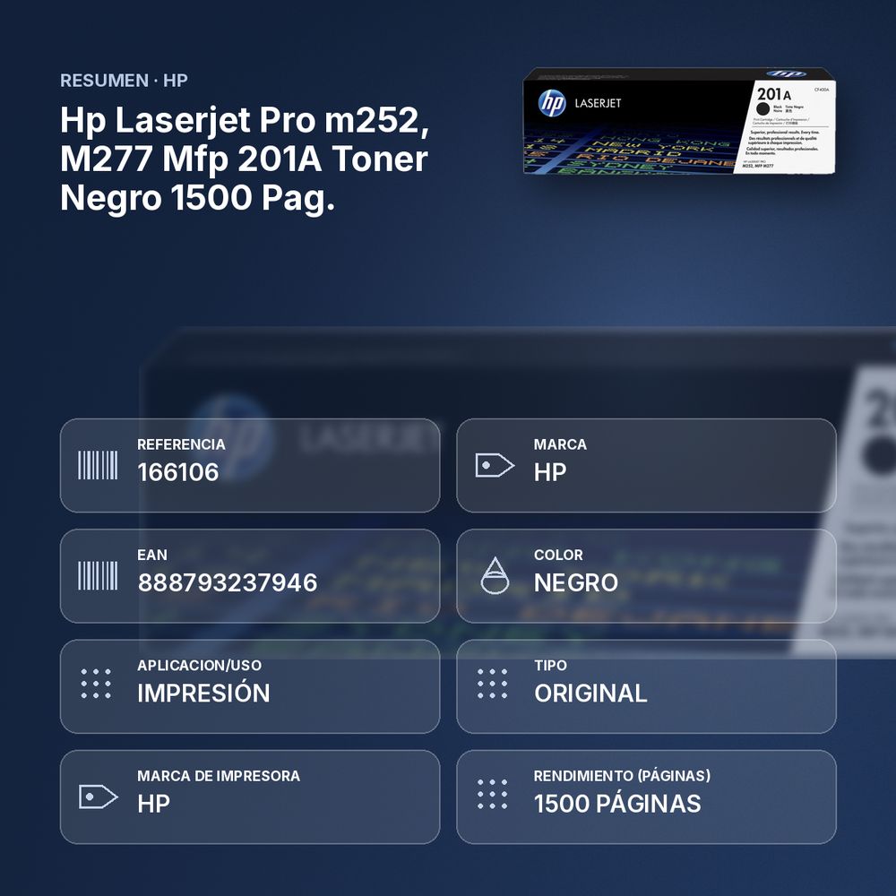 HP LASERJET PRO M252, M277 MFP 201A TONER NEGRO  1500 PAG. - resumen de atributos