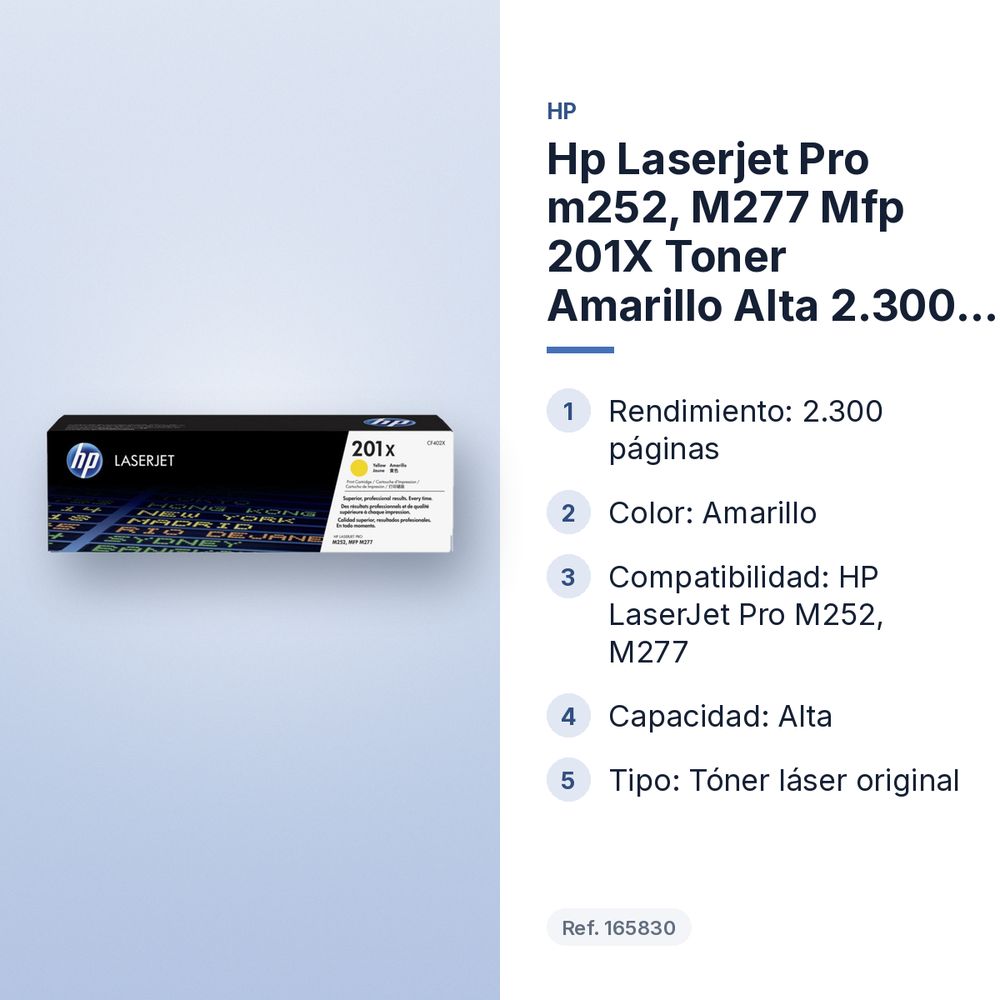 HP LASERJET PRO M252, M277 MFP 201X TONER AMARILLO ALTA 2.300 PAG - características principales