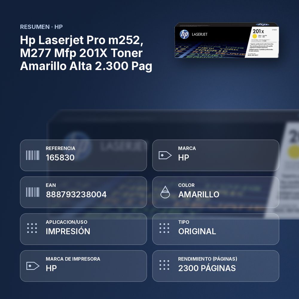 HP LASERJET PRO M252, M277 MFP 201X TONER AMARILLO ALTA 2.300 PAG - resumen de atributos