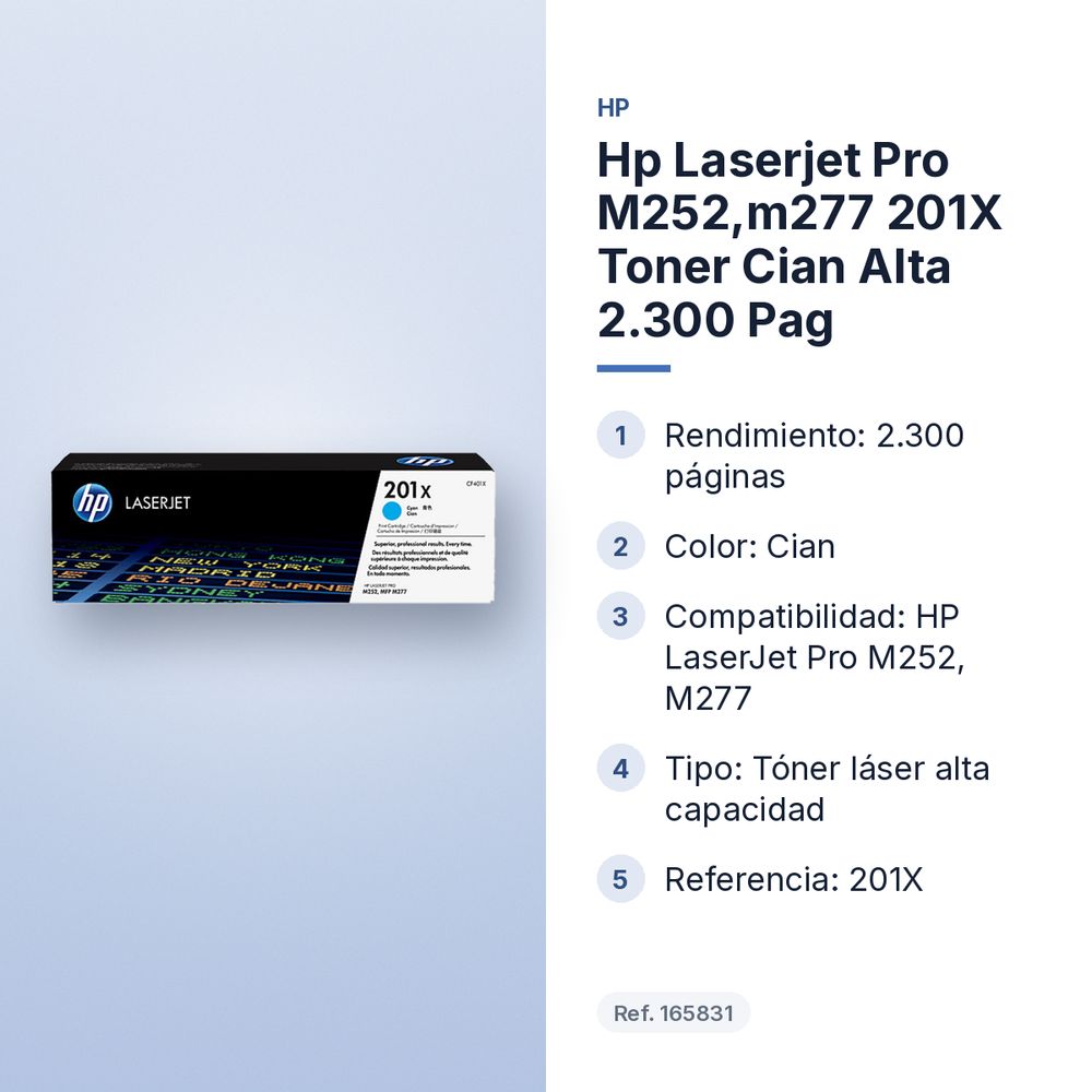 HP LASERJET PRO M252,M277 201X TONER CIAN ALTA 2.300 PAG - características principales