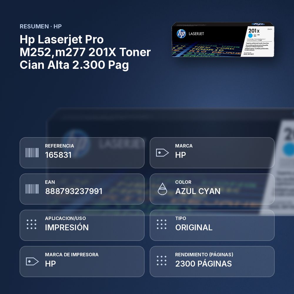 HP LASERJET PRO M252,M277 201X TONER CIAN ALTA 2.300 PAG - resumen de atributos