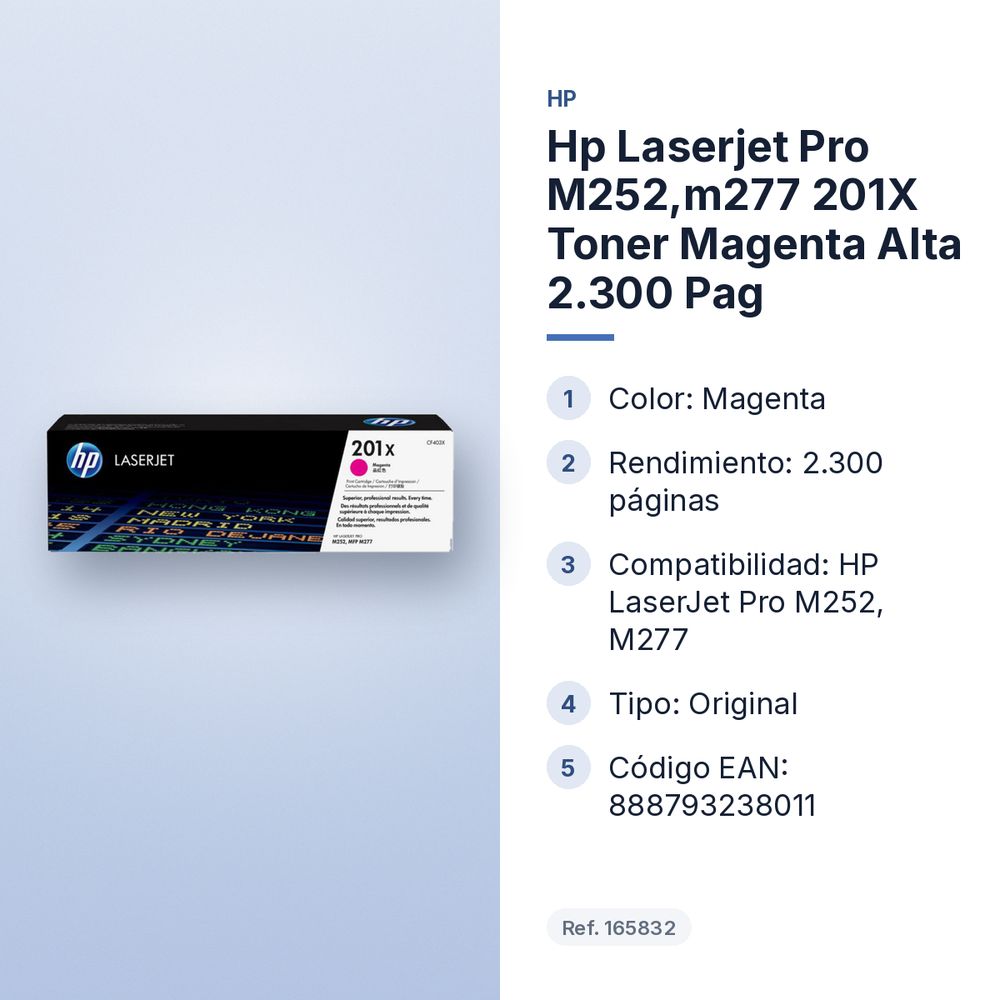 HP LASERJET PRO M252,M277 201X TONER MAGENTA ALTA 2.300 PAG - características principales