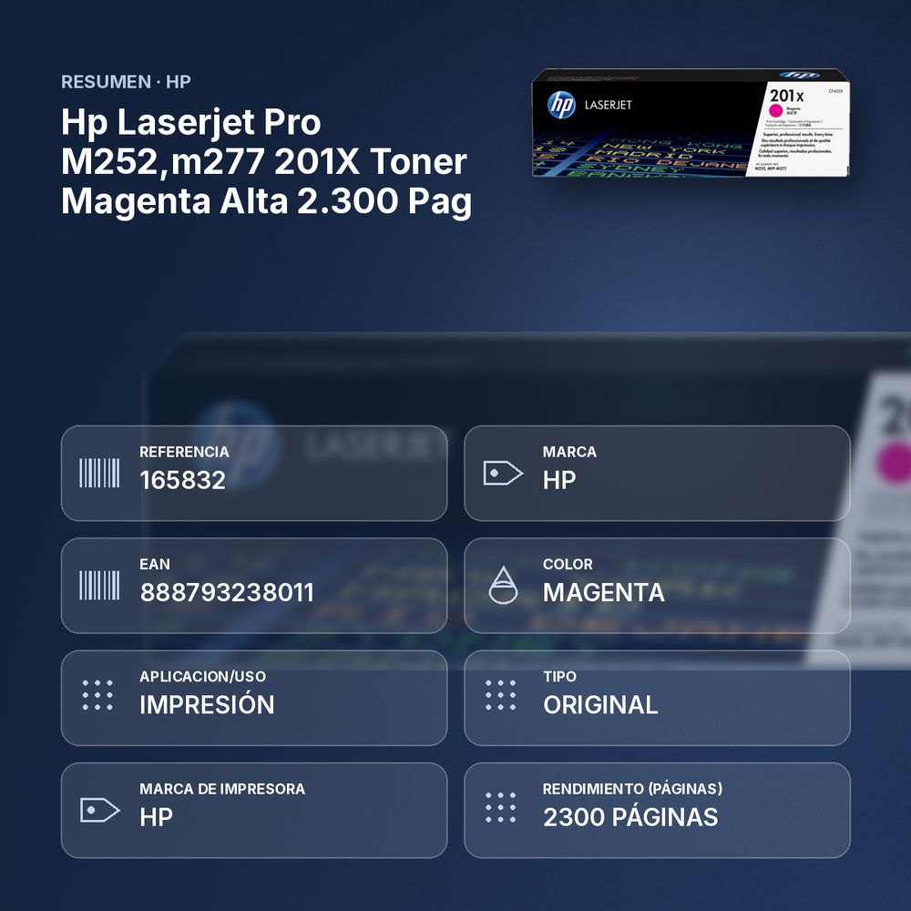 HP LASERJET PRO M252,M277 201X TONER MAGENTA ALTA 2.300 PAG - resumen de atributos