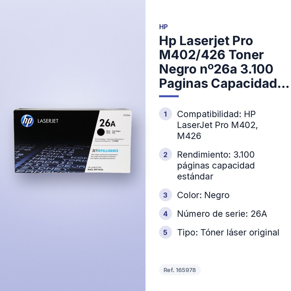HP LASERJET PRO M402/426 TONER NEGRO Nº26A 3.100 PAGINAS CAPACIDAD ESTANDAR - características principales
