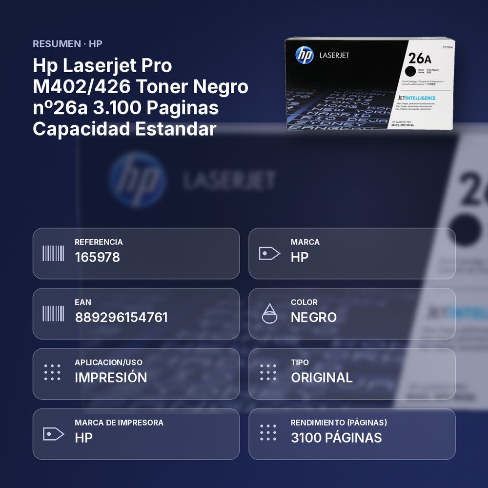 HP LASERJET PRO M402/426 TONER NEGRO Nº26A 3.100 PAGINAS CAPACIDAD ESTANDAR - resumen de atributos