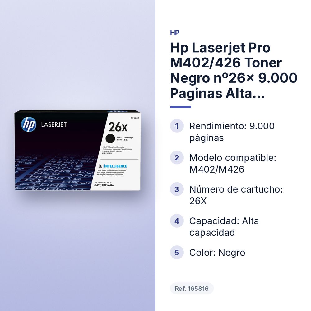 HP LASERJET PRO M402/426 TONER NEGRO Nº26X 9.000 PAGINAS ALTA CAPACIDAD - características principales
