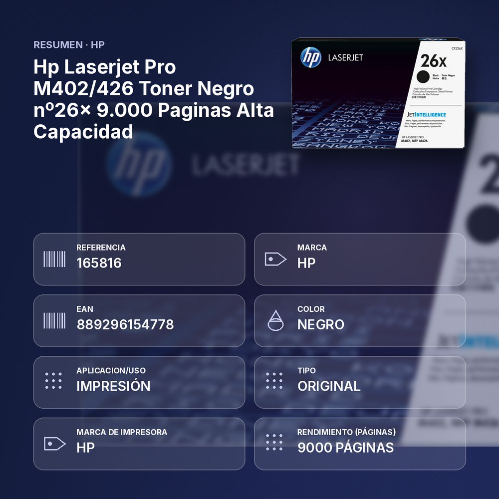 HP LASERJET PRO M402/426 TONER NEGRO Nº26X 9.000 PAGINAS ALTA CAPACIDAD - resumen de atributos