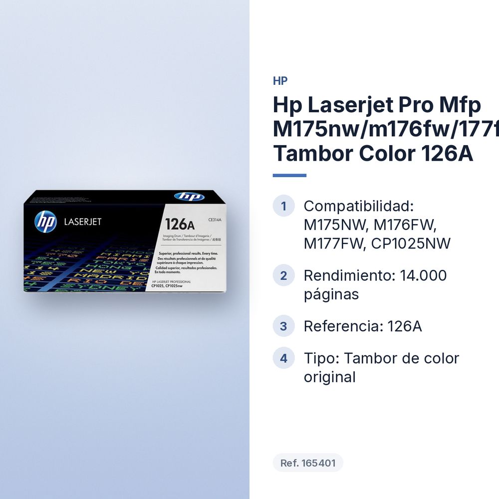 HP LASERJET PRO MFP M175NW/M176FW/177FW/CP1025NW TAMBOR COLOR 126A - características principales