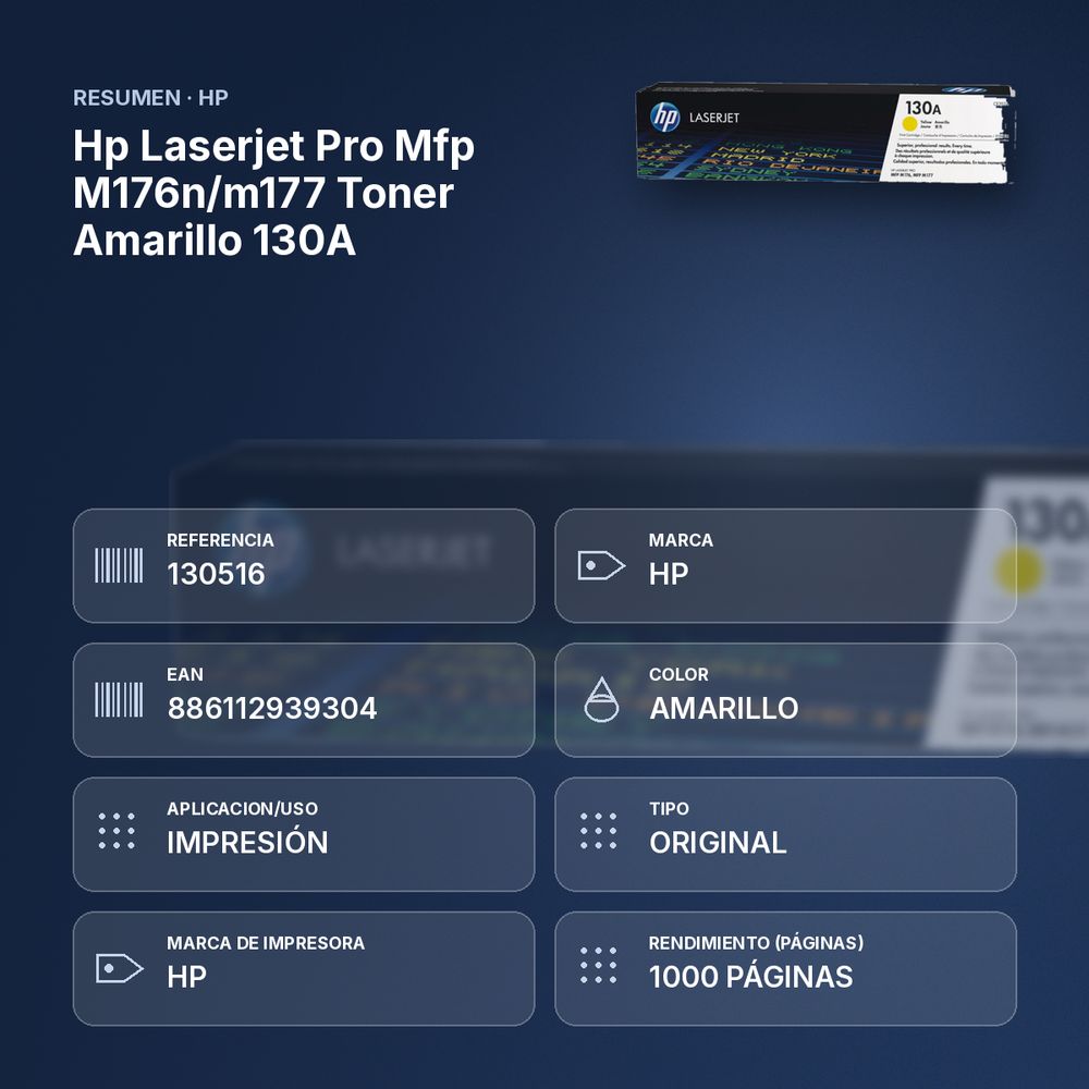 HP LASERJET PRO MFP M176N/M177 TONER AMARILLO 130A - resumen de atributos