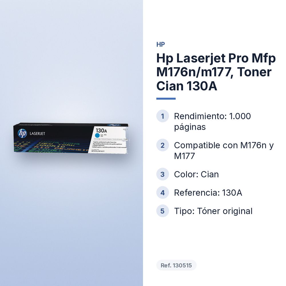 HP LASERJET PRO MFP M176N/M177, TONER CIAN 130A - características principales