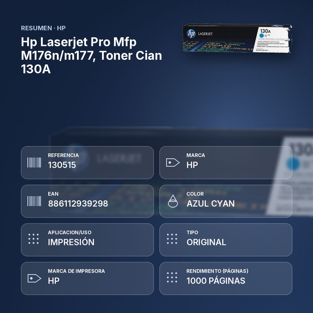 HP LASERJET PRO MFP M176N/M177, TONER CIAN 130A - resumen de atributos