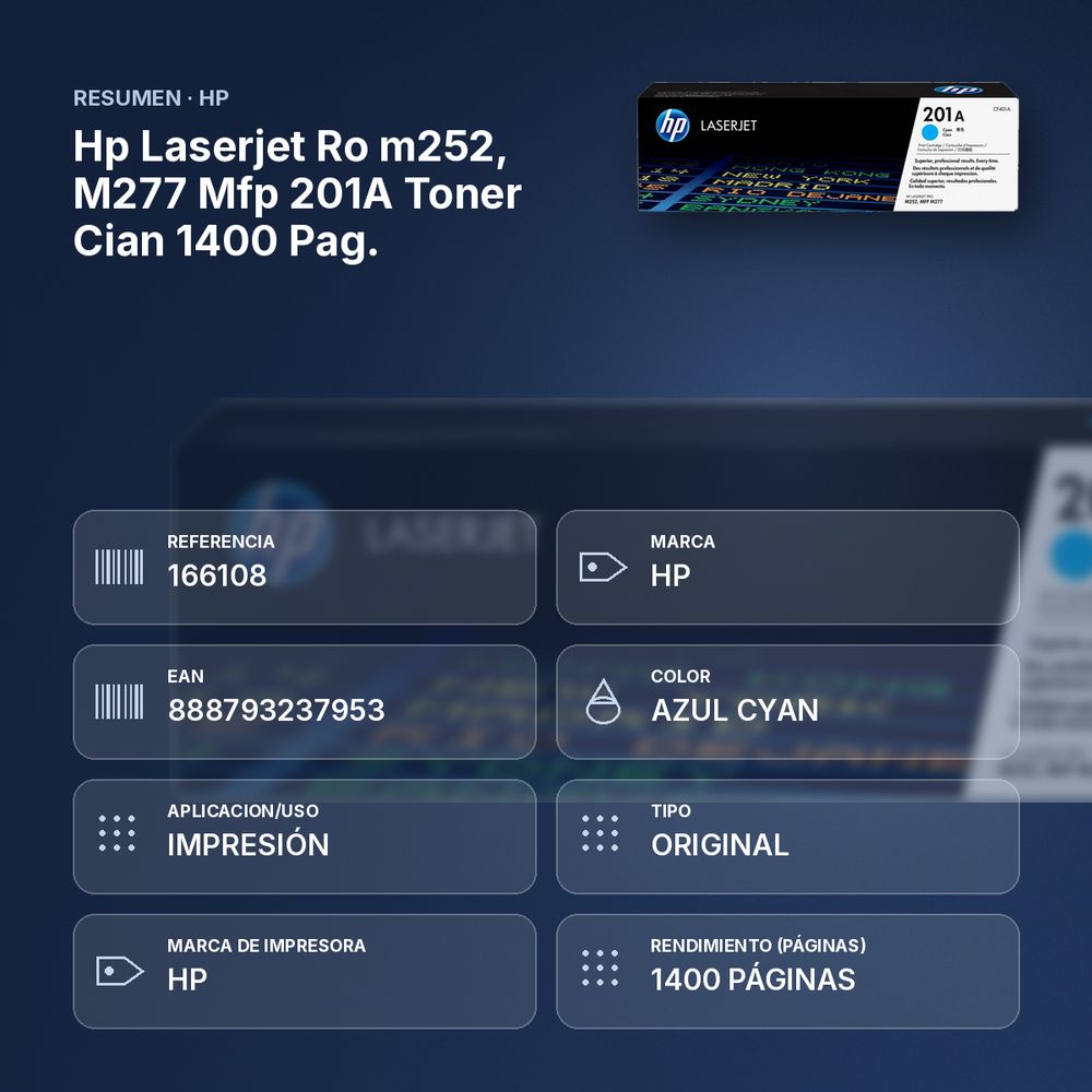 HP LASERJET RO M252, M277 MFP 201A TONER CIAN 1400 PAG. - resumen de atributos