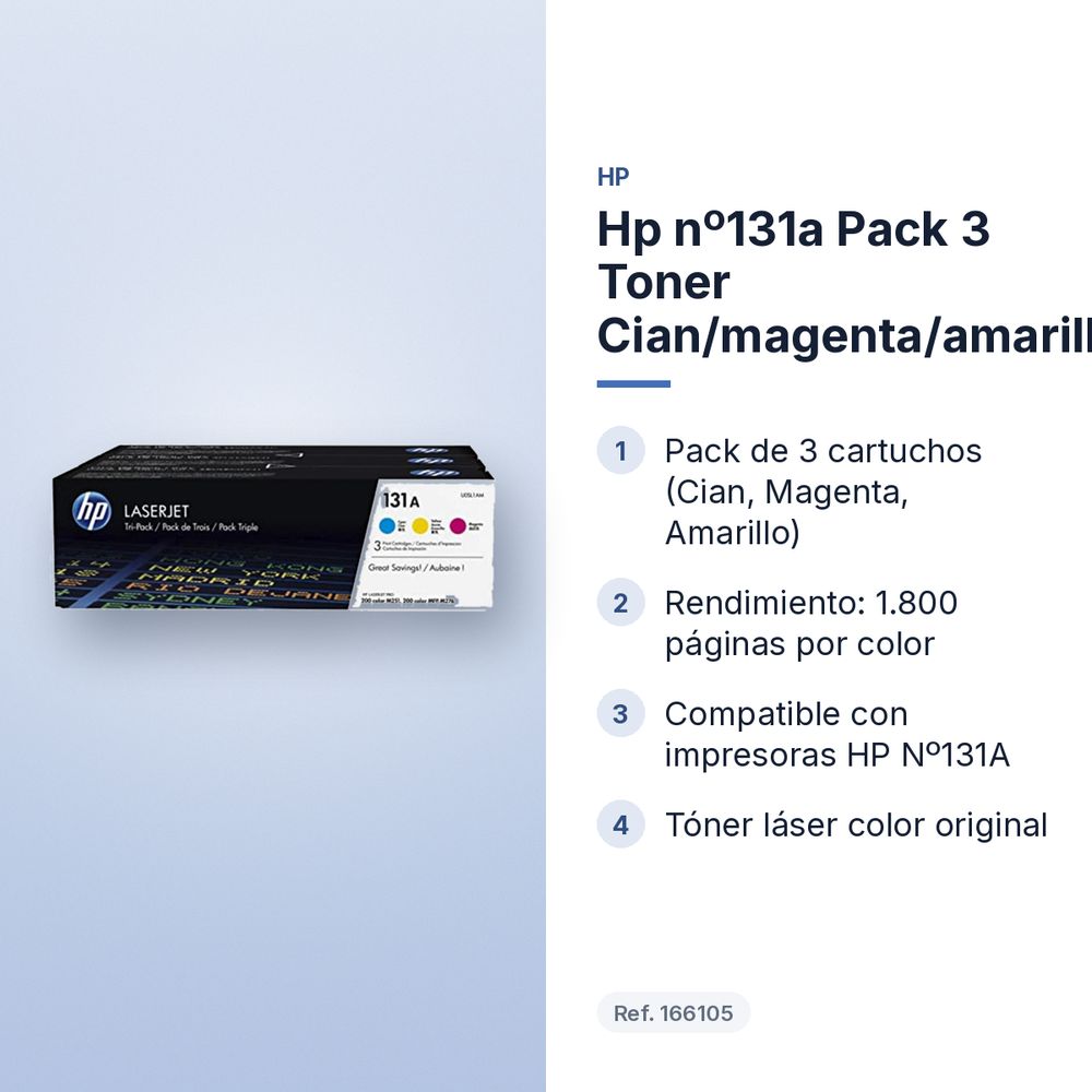 HP Nº131A PACK 3 TONER CIAN/MAGENTA/AMARILLO - características principales