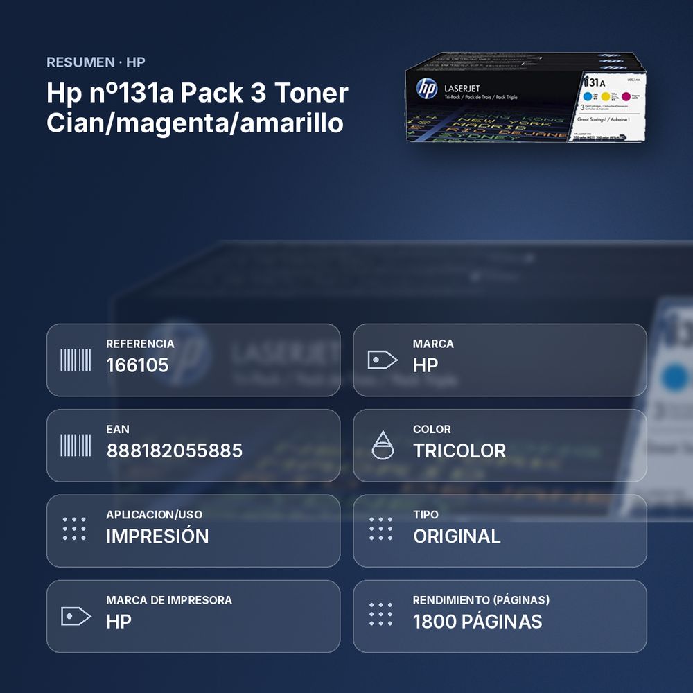 HP Nº131A PACK 3 TONER CIAN/MAGENTA/AMARILLO - resumen de atributos