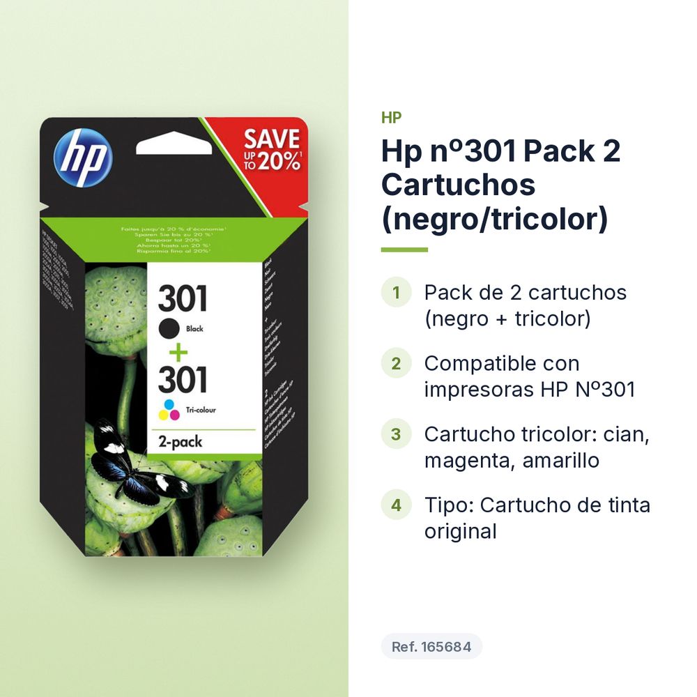 HP Nº301 PACK 2 CARTUCHOS (NEGRO/TRICOLOR) - características principales