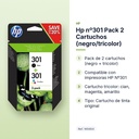 HP Nº301 PACK 2 CARTUCHOS (NEGRO/TRICOLOR) - características principales
