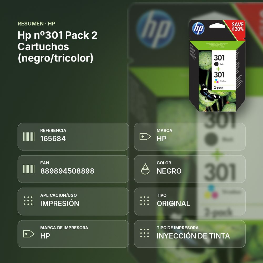 HP Nº301 PACK 2 CARTUCHOS (NEGRO/TRICOLOR) - resumen de atributos
