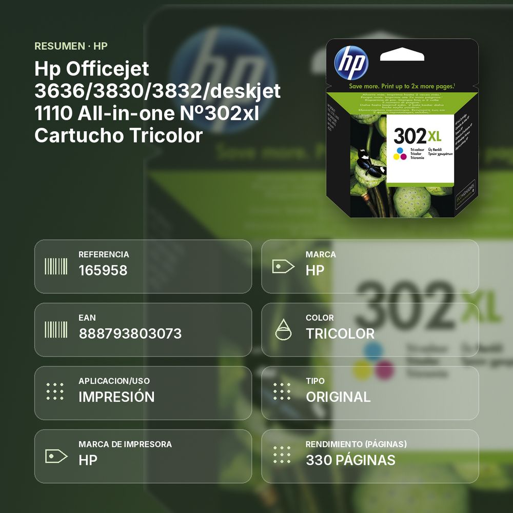HP OFFICEJET 3636/3830/3832/DESKJET 1110 ALL-IN-ONE Nº302XL CARTUCHO TRICOLOR - resumen de atributos