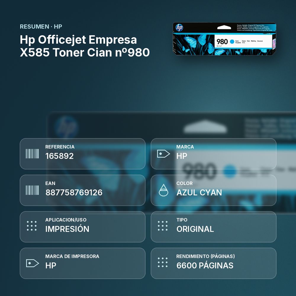 HP OFFICEJET EMPRESA X585 TONER CIAN Nº980 - resumen de atributos