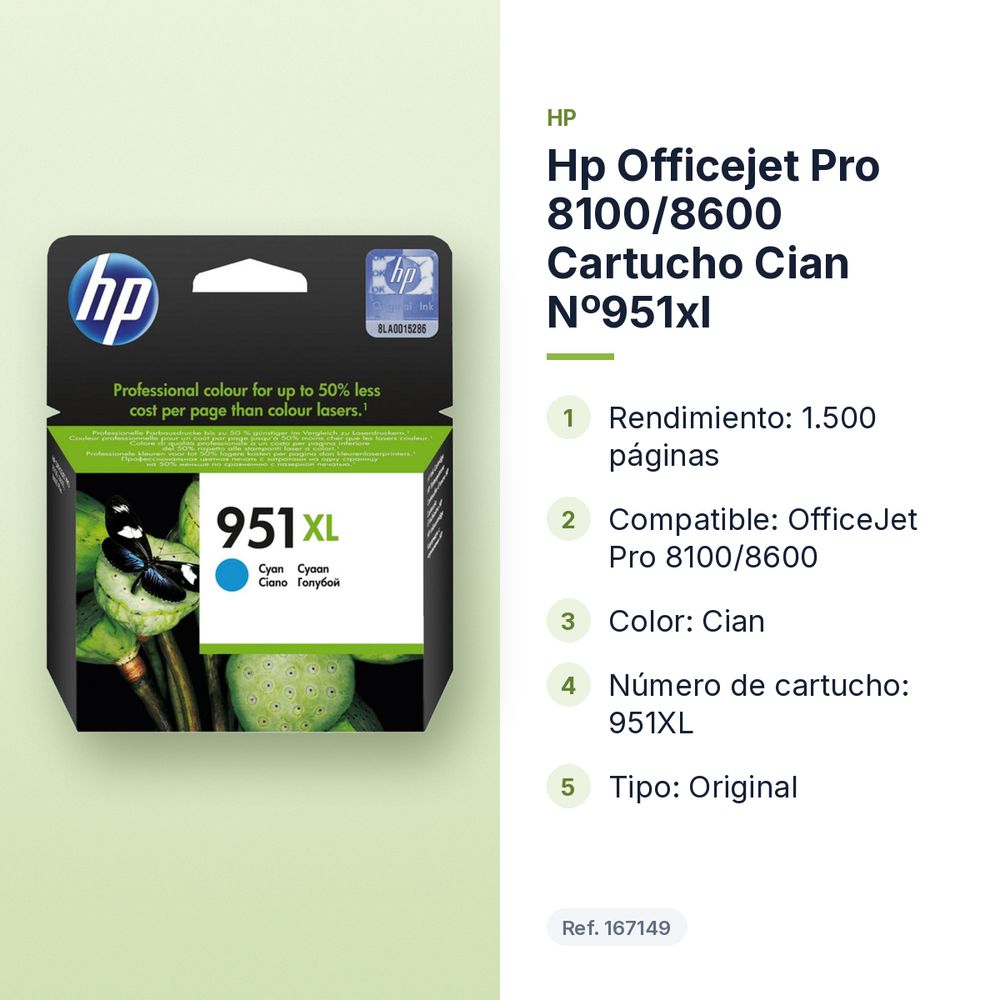 HP OFFICEJET PRO 8100/8600 CARTUCHO CIAN Nº951XL - características principales