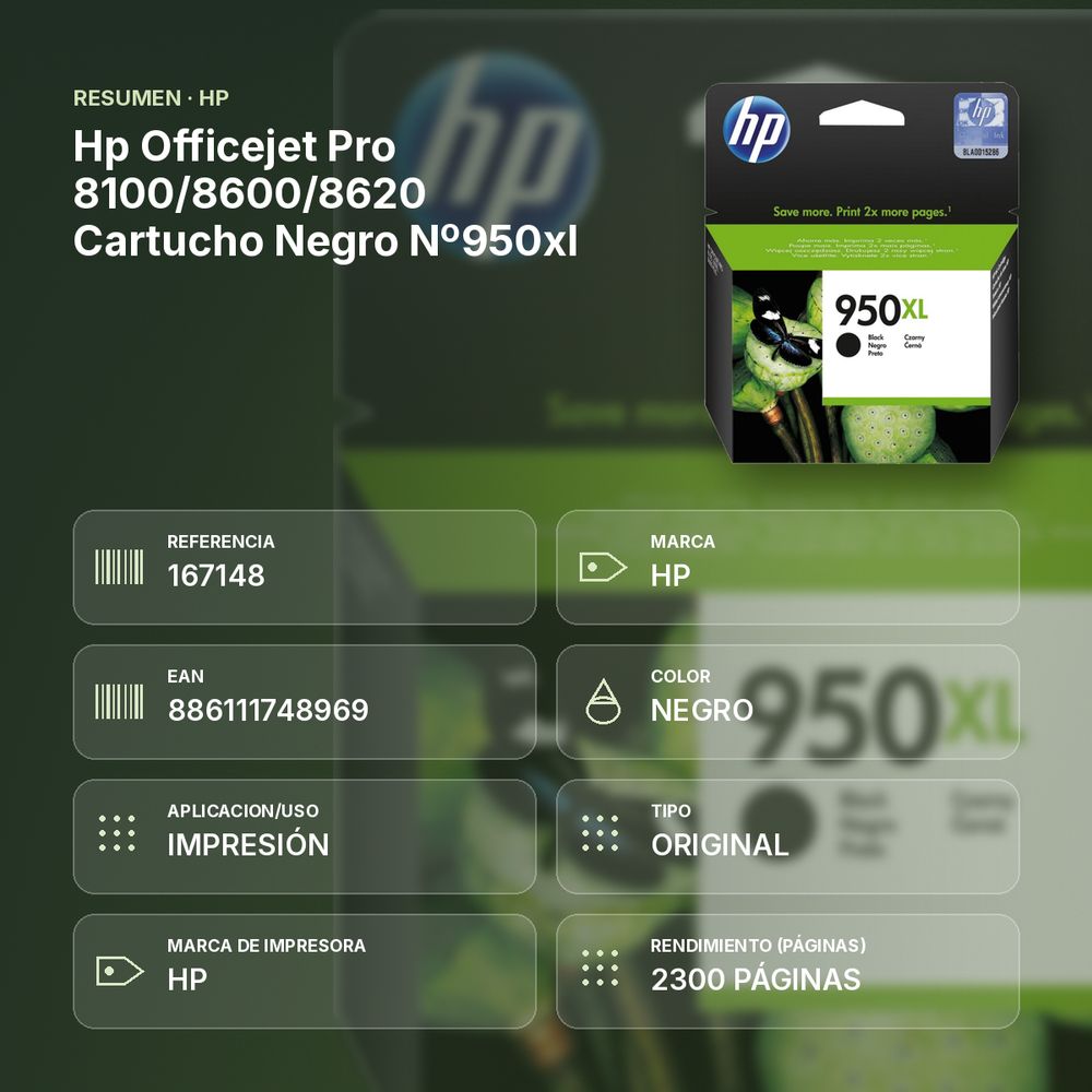 HP OFFICEJET PRO 8100/8600/8620 CARTUCHO NEGRO Nº950XL - resumen de atributos