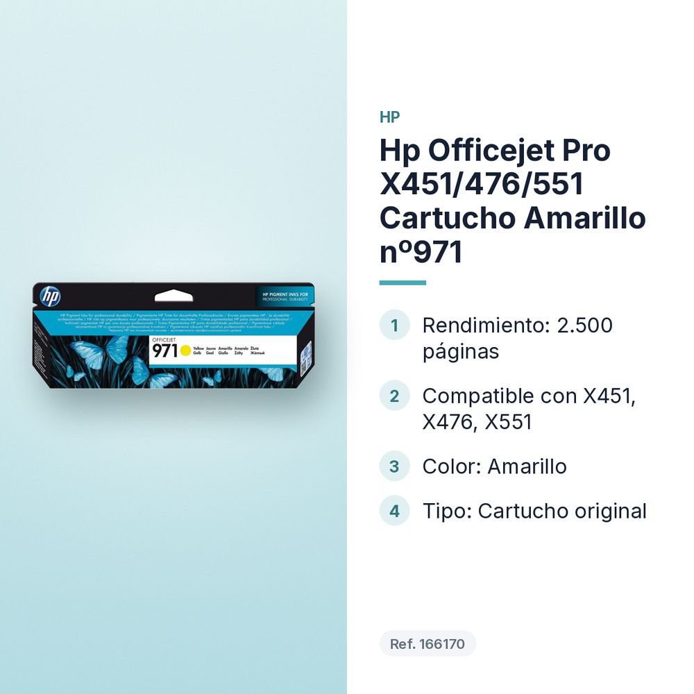 HP OFFICEJET PRO X451/476/551 CARTUCHO AMARILLO Nº971 - características principales