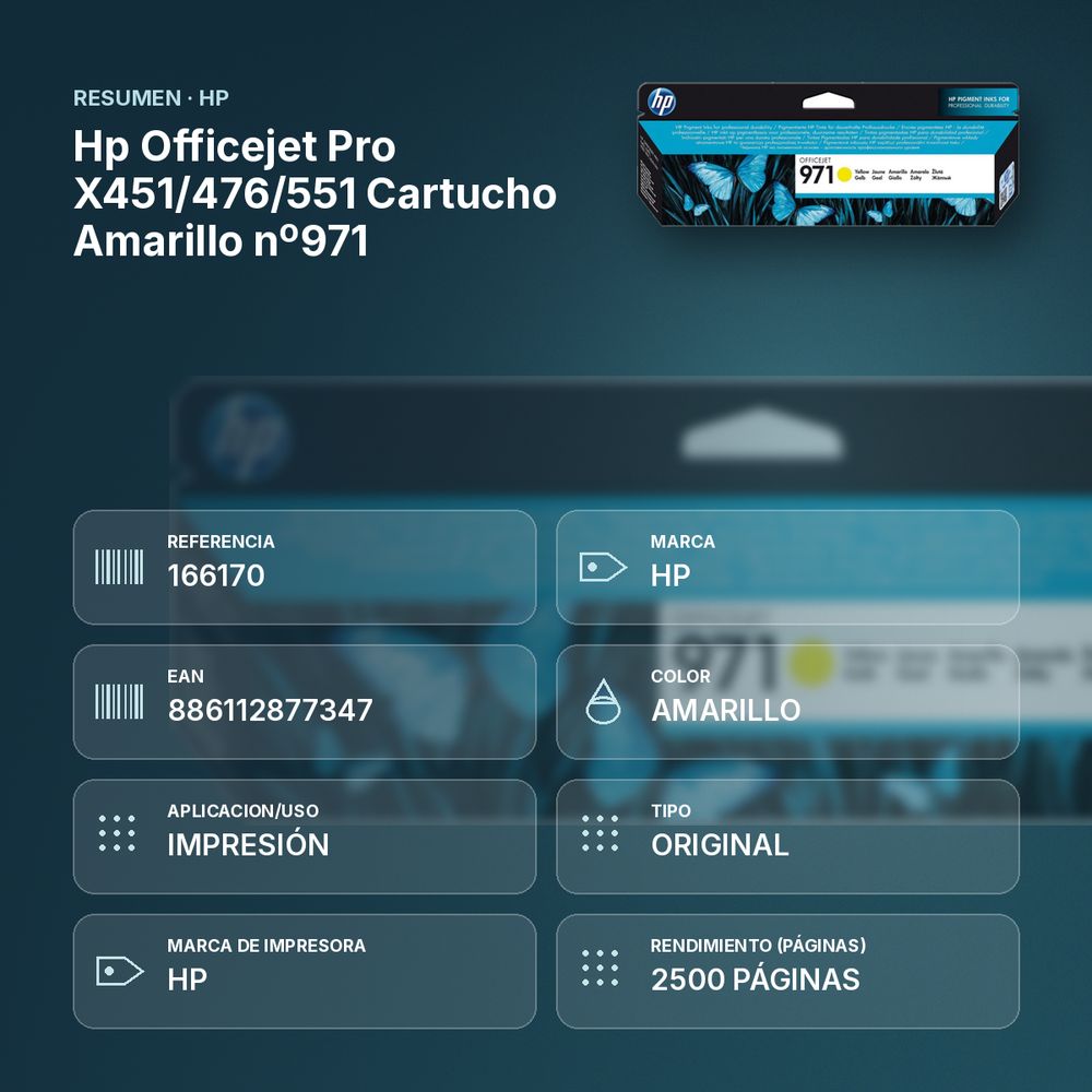 HP OFFICEJET PRO X451/476/551 CARTUCHO AMARILLO Nº971 - resumen de atributos