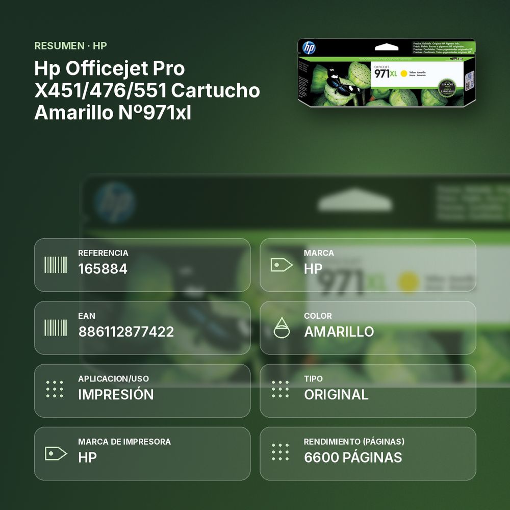 HP OFFICEJET PRO X451/476/551 CARTUCHO AMARILLO Nº971XL - resumen de atributos