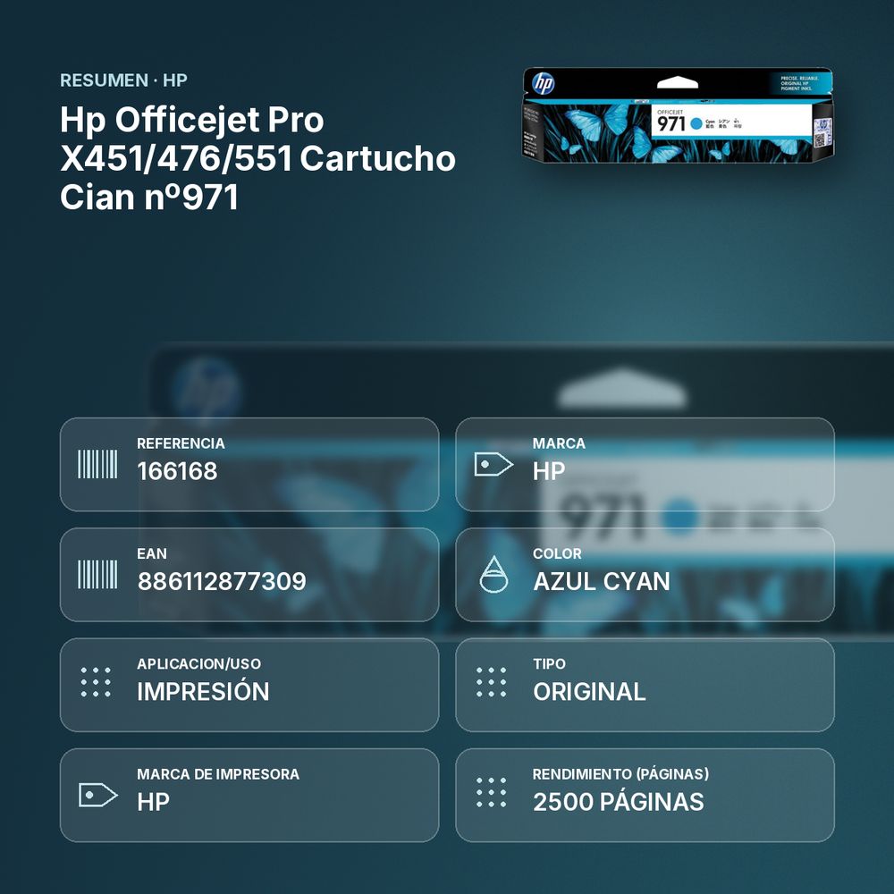 HP OFFICEJET PRO X451/476/551 CARTUCHO CIAN Nº971 - resumen de atributos