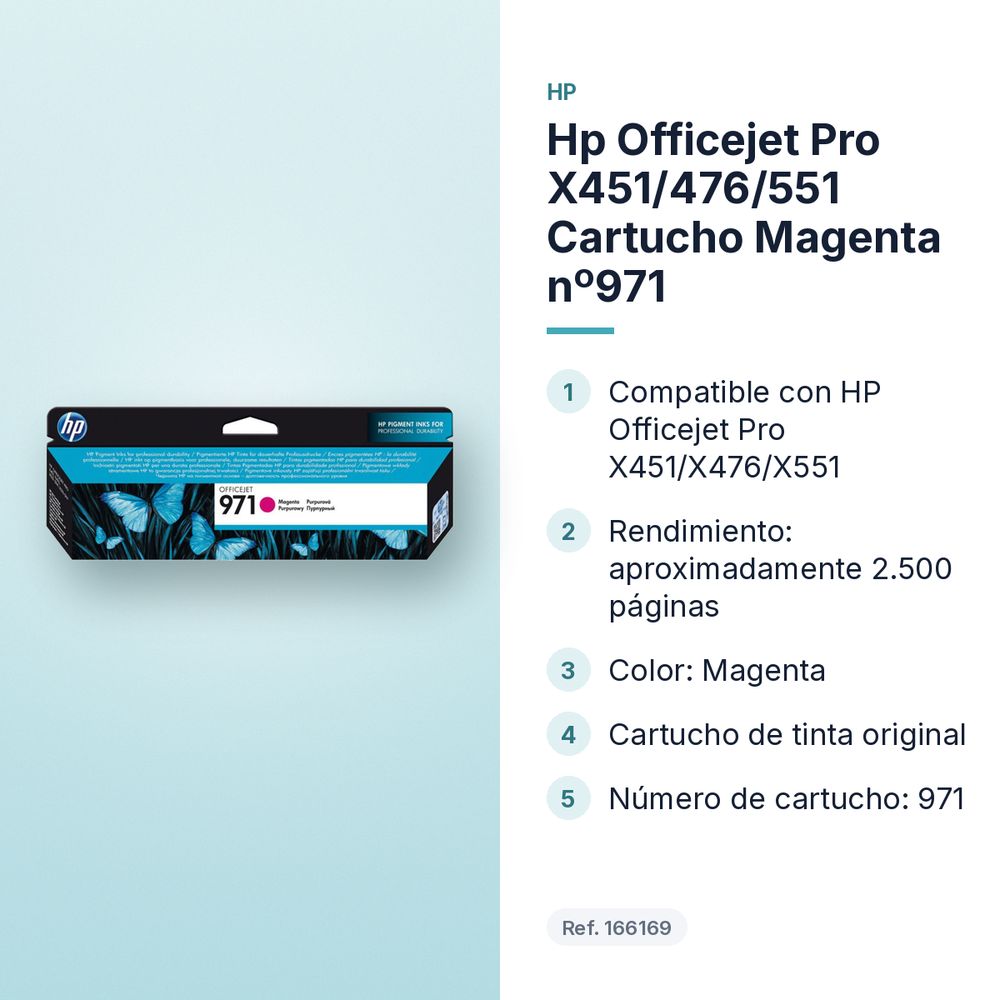 HP OFFICEJET PRO X451/476/551 CARTUCHO MAGENTA Nº971 - características principales