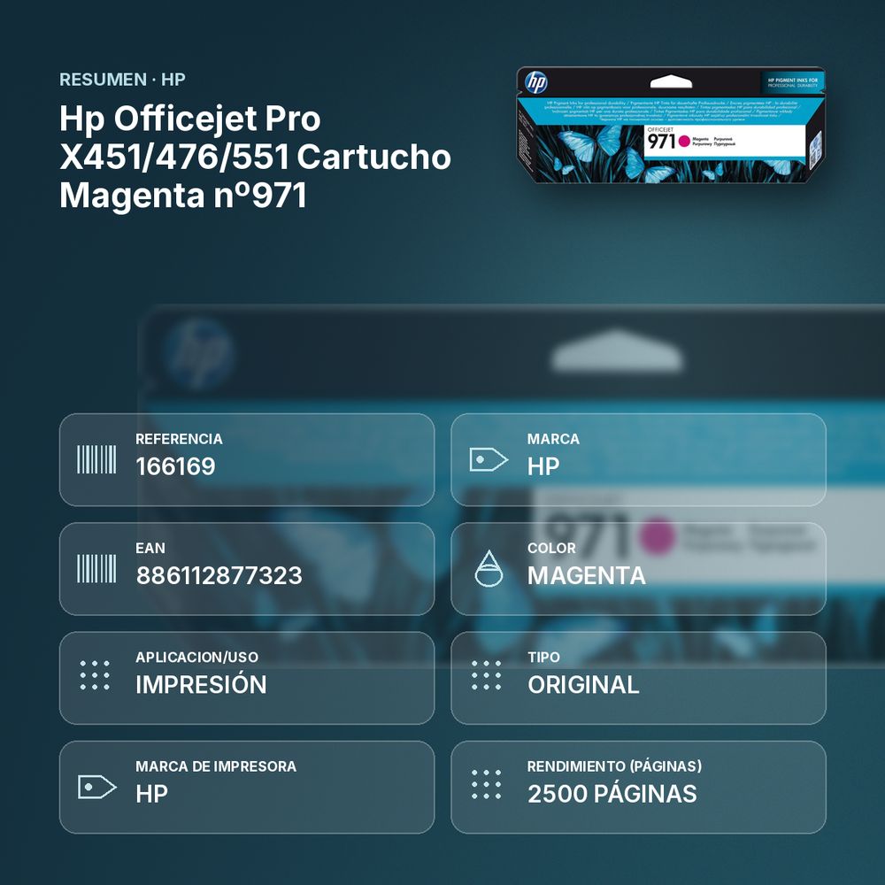 HP OFFICEJET PRO X451/476/551 CARTUCHO MAGENTA Nº971 - resumen de atributos