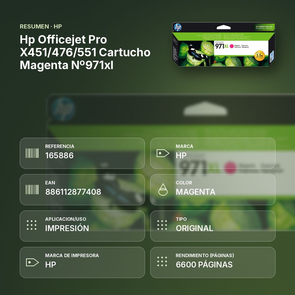 HP OFFICEJET PRO X451/476/551 CARTUCHO MAGENTA Nº971XL - resumen de atributos