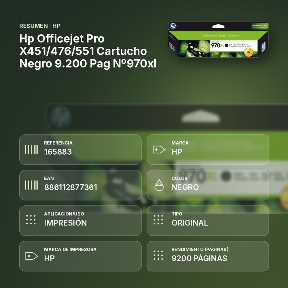 HP OFFICEJET PRO X451/476/551 CARTUCHO NEGRO 9.200 PAG Nº970XL - resumen de atributos
