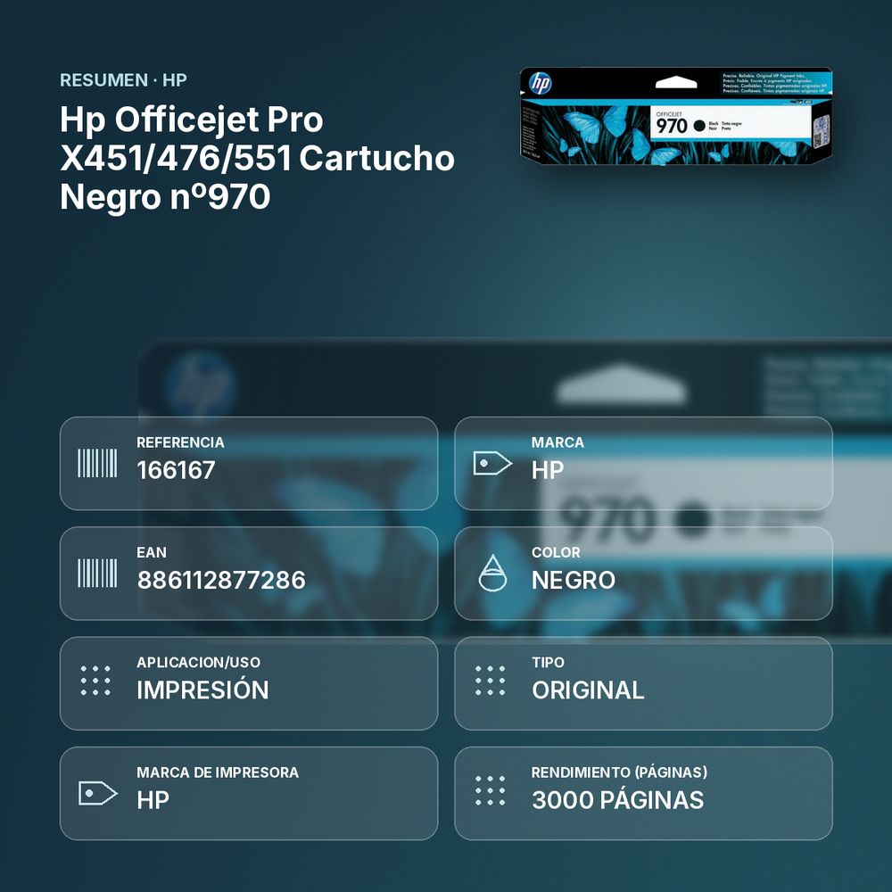 HP OFFICEJET PRO X451/476/551 CARTUCHO NEGRO Nº970 - resumen de atributos