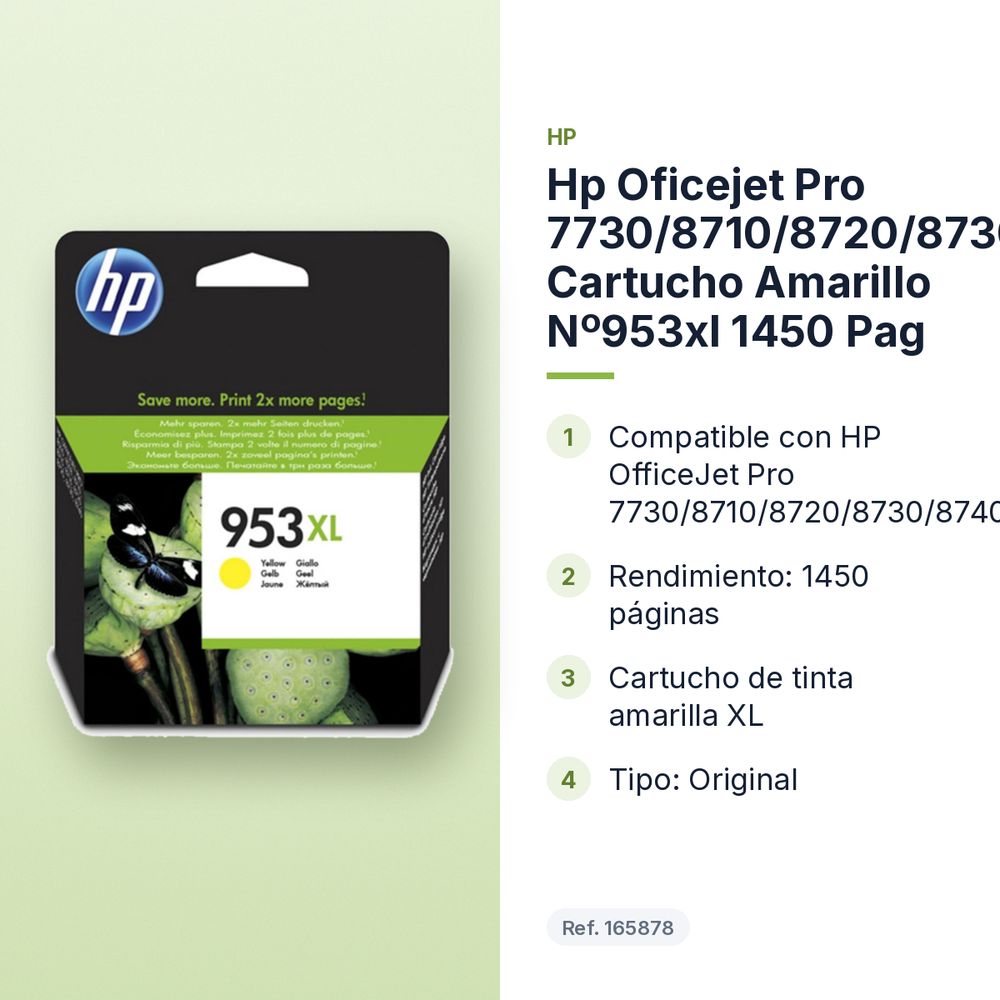HP OFICEJET PRO 7730/8710/8720/8730/8740  CARTUCHO AMARILLO Nº953XL 1450 PAG - características principales