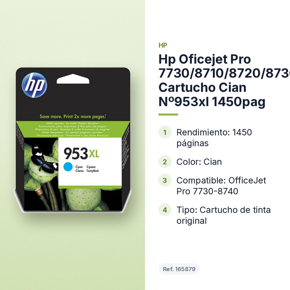 HP OFICEJET PRO 7730/8710/8720/8730/8740  CARTUCHO CIAN Nº953XL 1450PAG - características principales