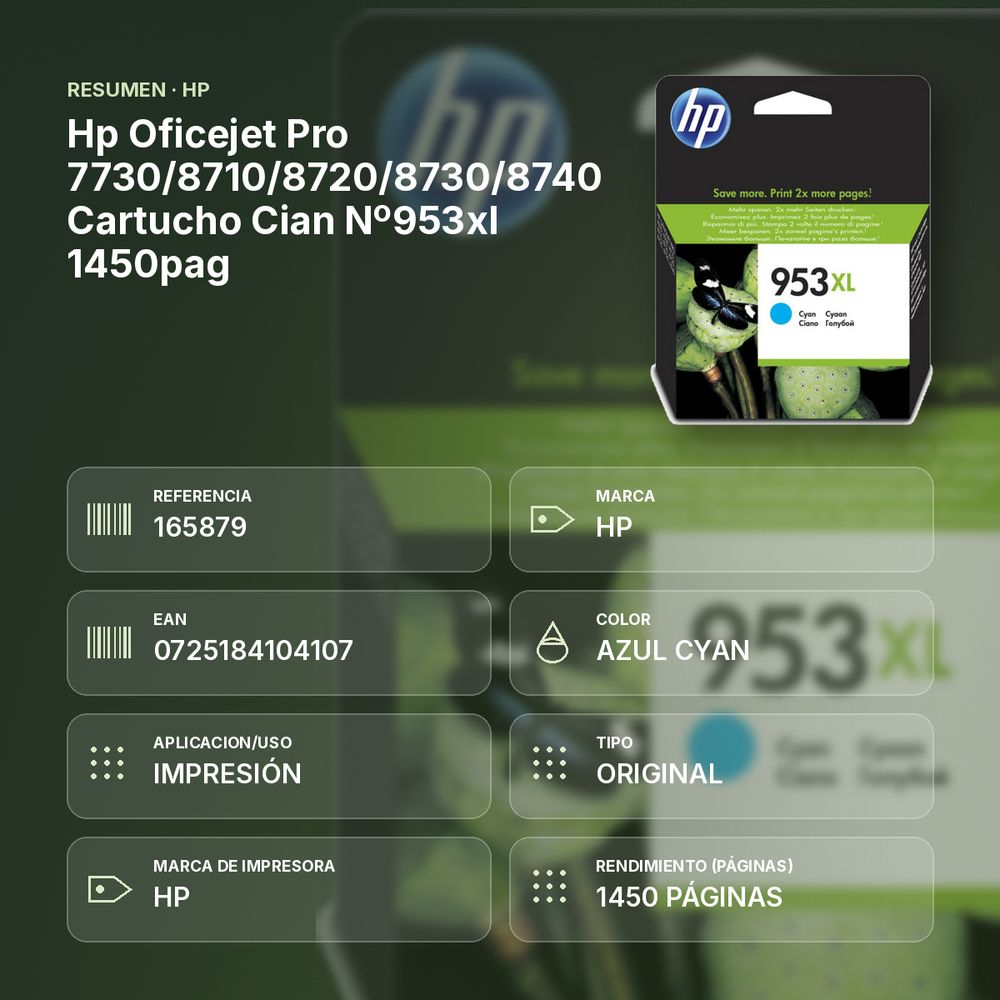 HP OFICEJET PRO 7730/8710/8720/8730/8740  CARTUCHO CIAN Nº953XL 1450PAG - resumen de atributos