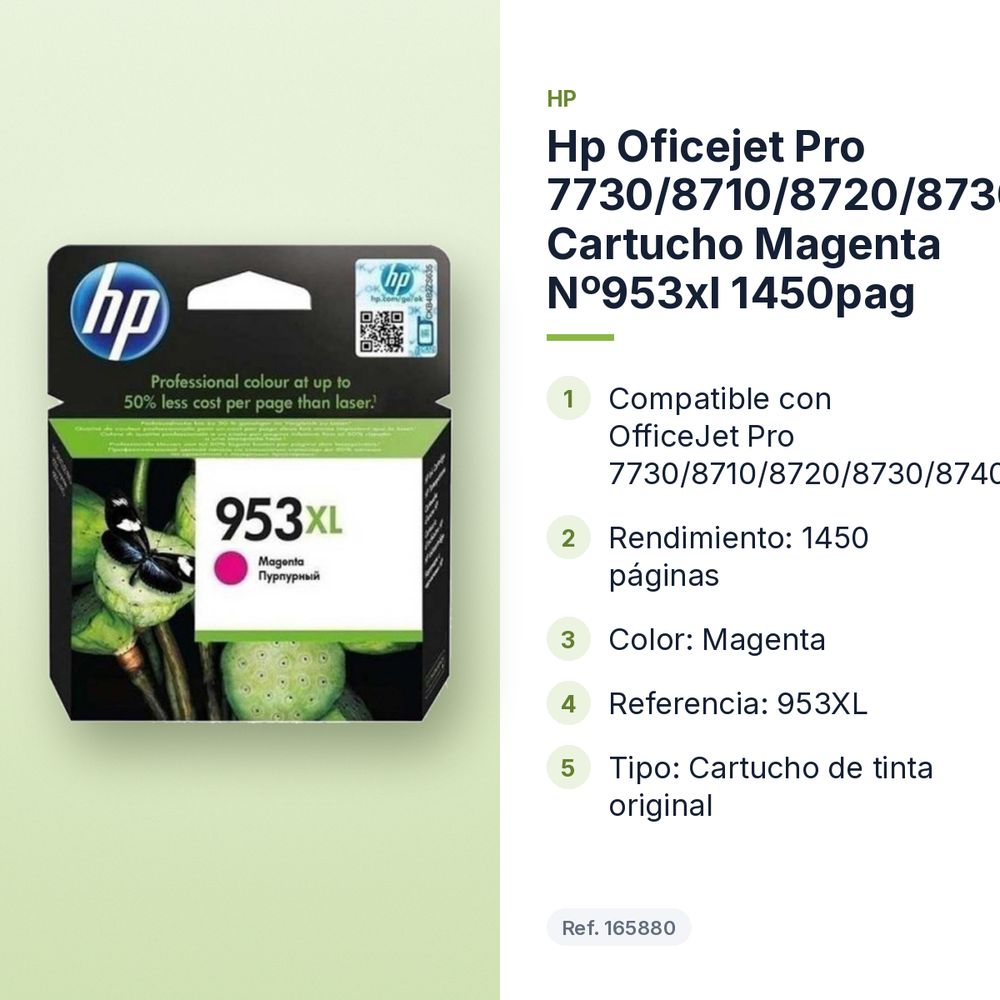 HP OFICEJET PRO 7730/8710/8720/8730/8740  CARTUCHO MAGENTA Nº953XL 1450PAG - características principales