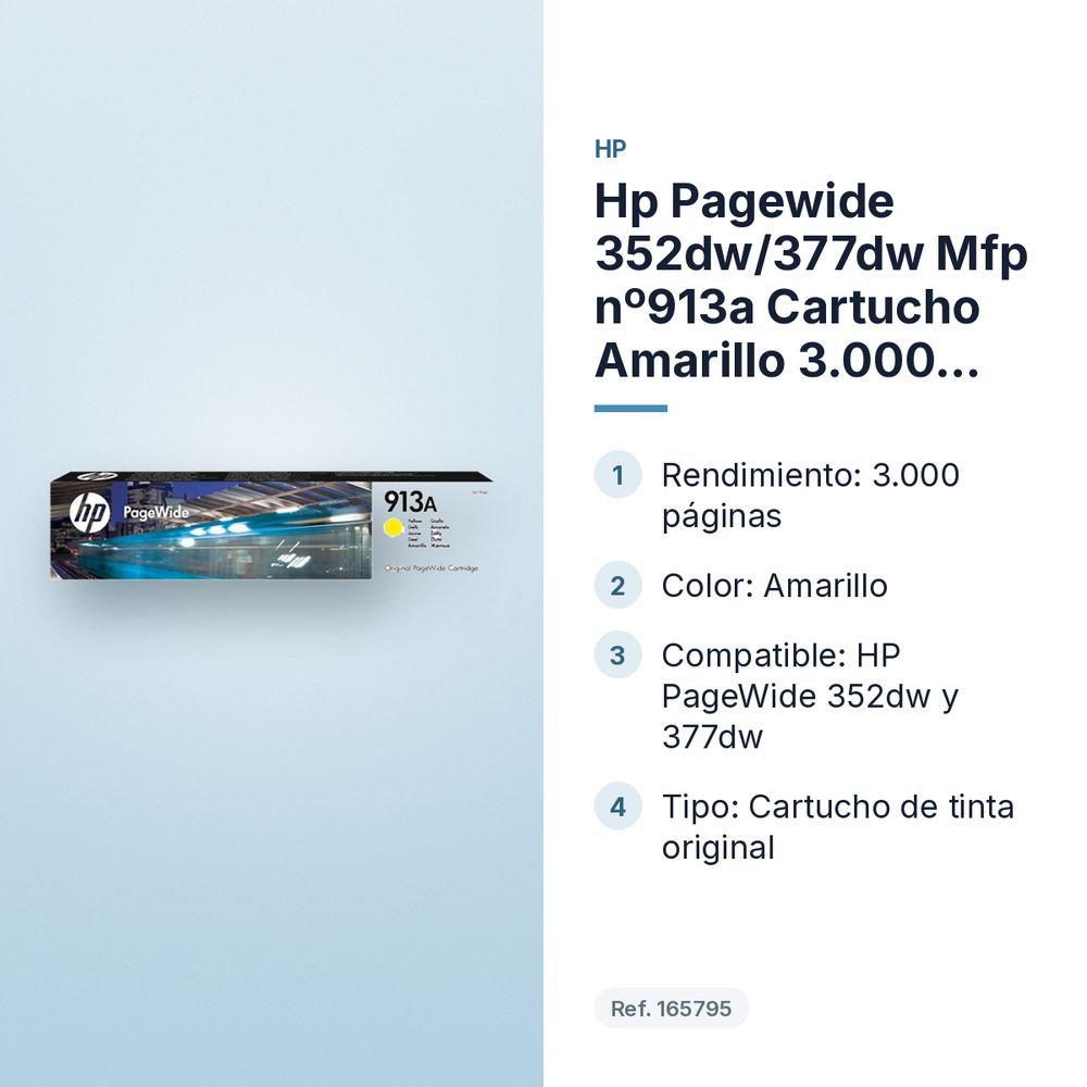 HP PAGEWIDE 352DW/377DW MFP  Nº913A CARTUCHO AMARILLO 3.000 PAGINAS - características principales