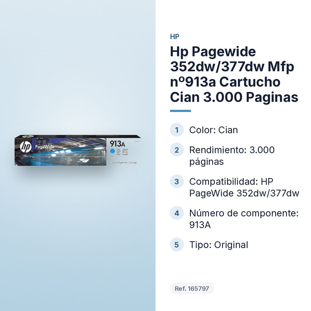 HP PAGEWIDE 352DW/377DW MFP  Nº913A CARTUCHO CIAN 3.000 PAGINAS - características principales