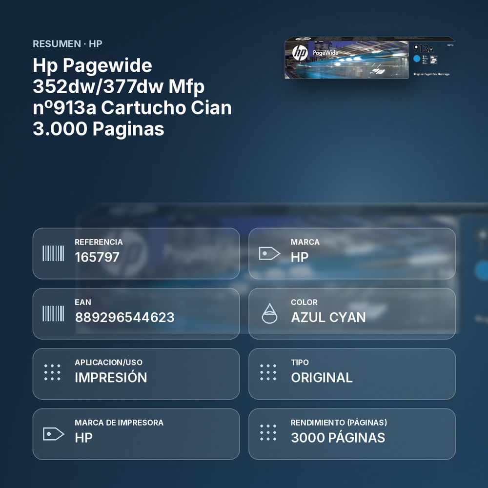 HP PAGEWIDE 352DW/377DW MFP  Nº913A CARTUCHO CIAN 3.000 PAGINAS - resumen de atributos