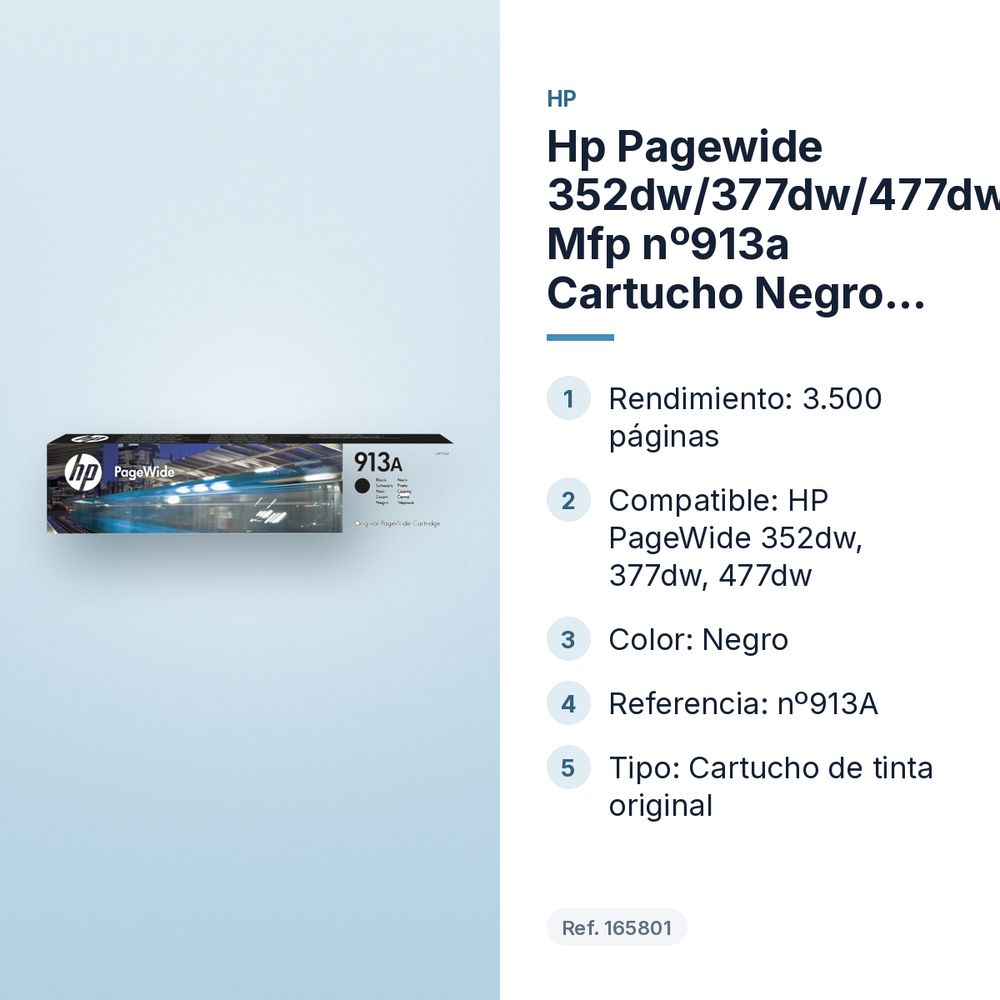 HP PAGEWIDE 352DW/377DW/477DW MFP Nº913A CARTUCHO NEGRO 3.500 PAGINAS - características principales