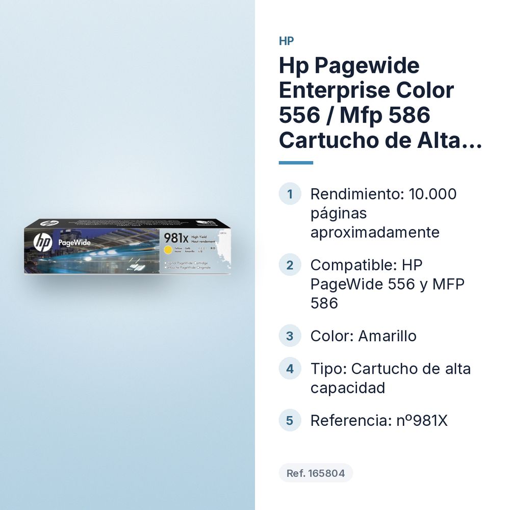 HP PAGEWIDE ENTERPRISE COLOR 556 / MFP 586 CARTUCHO DE ALTA CAPACIDAD AMARILLO Nº981X - características principales