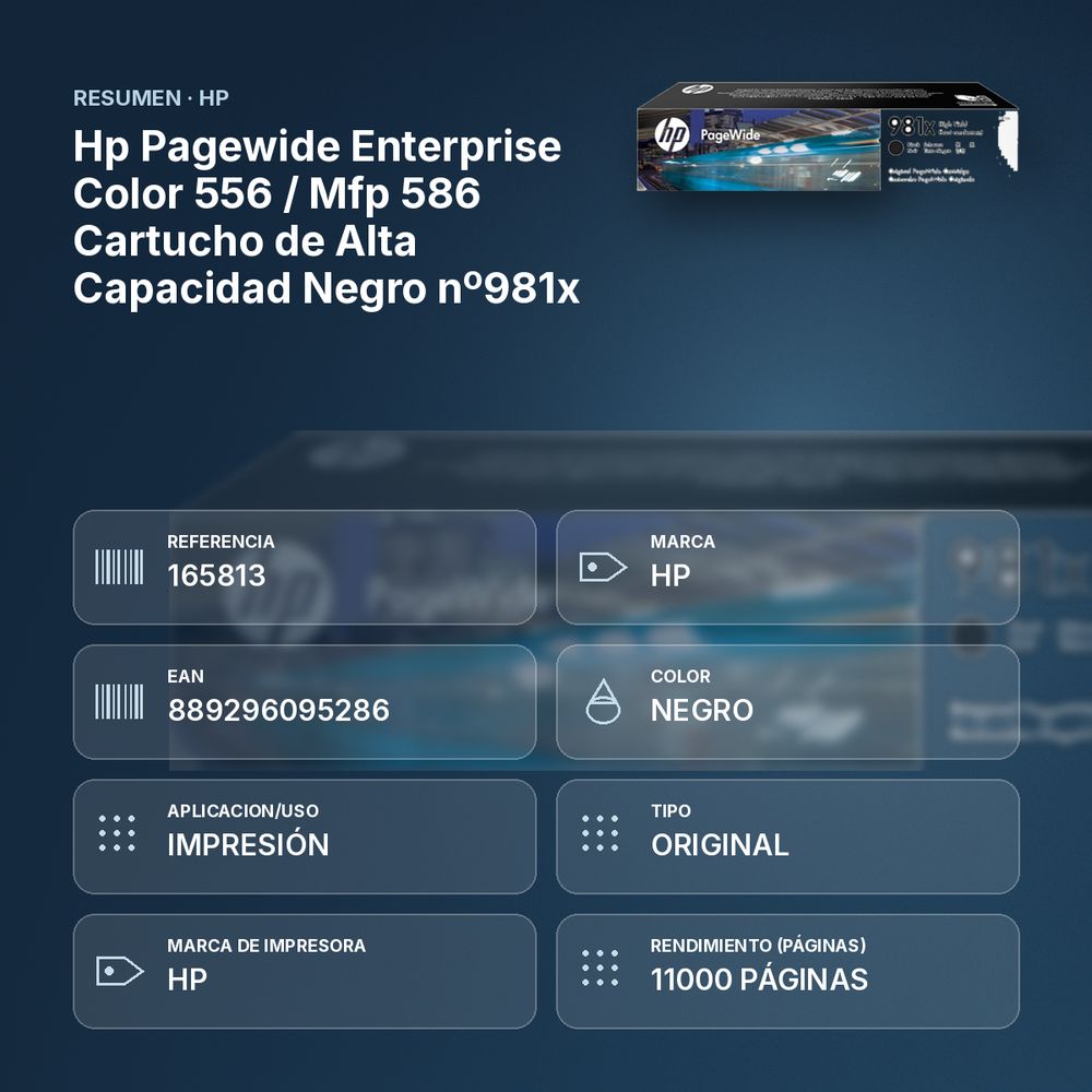HP PAGEWIDE ENTERPRISE COLOR 556 / MFP 586 CARTUCHO DE ALTA CAPACIDAD NEGRO Nº981X - resumen de atributos